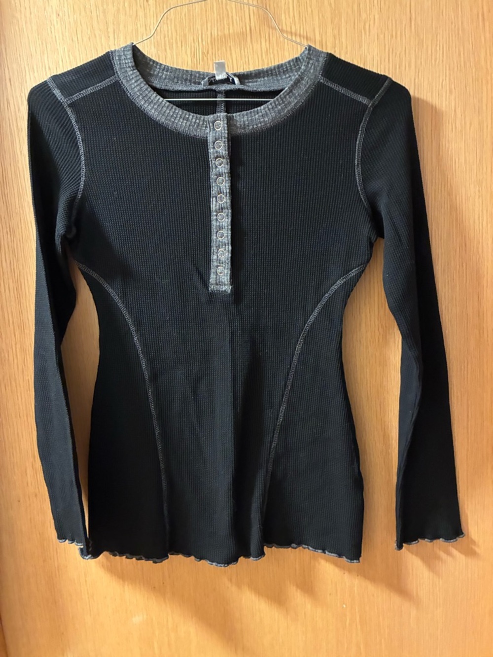 white birch Black Ribbed Henley Long-Sleeve Top with Contrast Trim